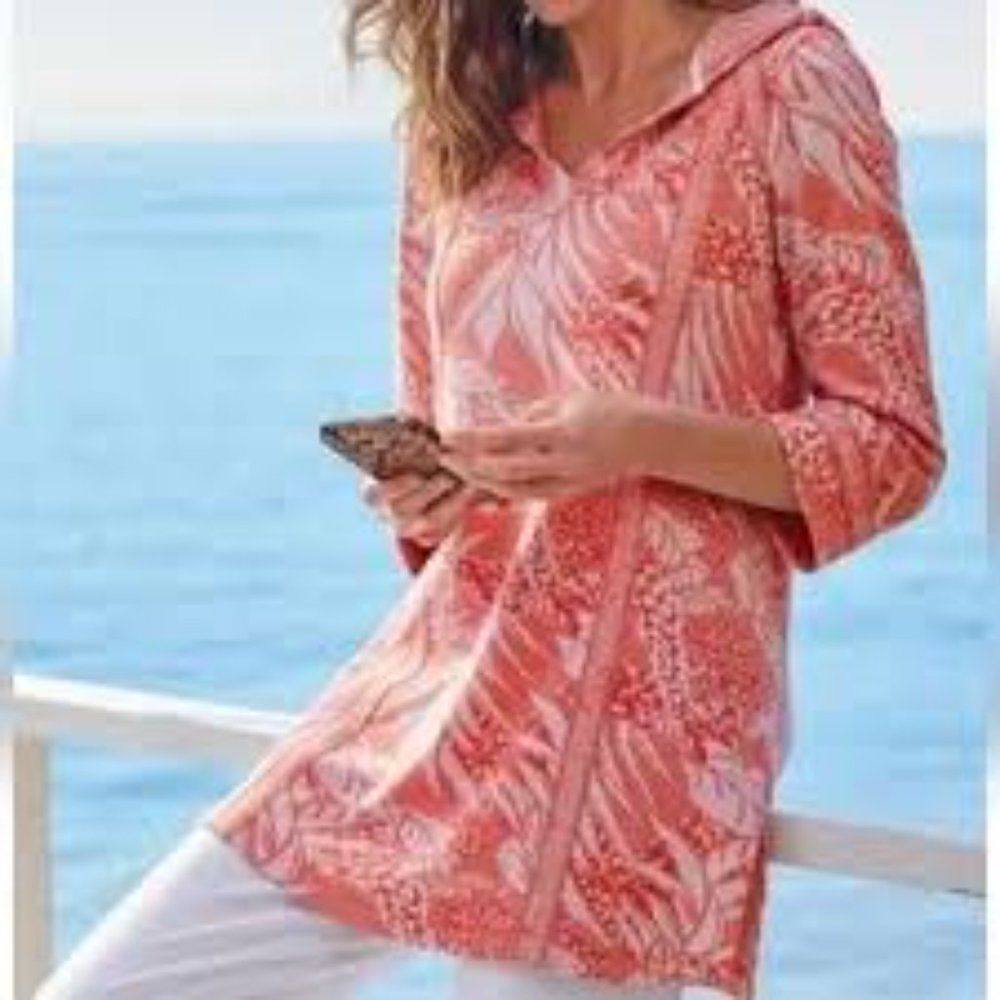 SOFT SURROUNDINGS Sweatshirt Hooded Coral Floral Beach Soft Womens Small